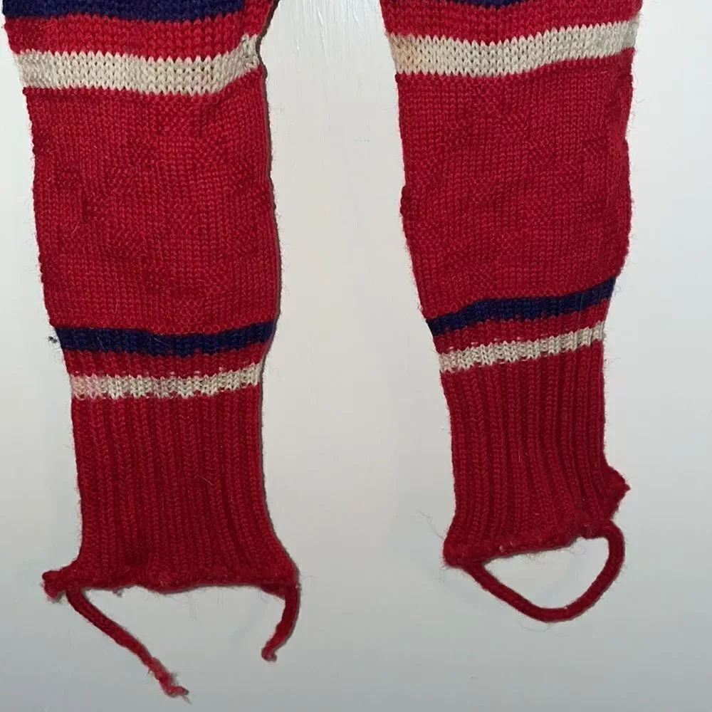 Vtg red, white & blue knit wool yarn‎ unisex winter pants with stirrups